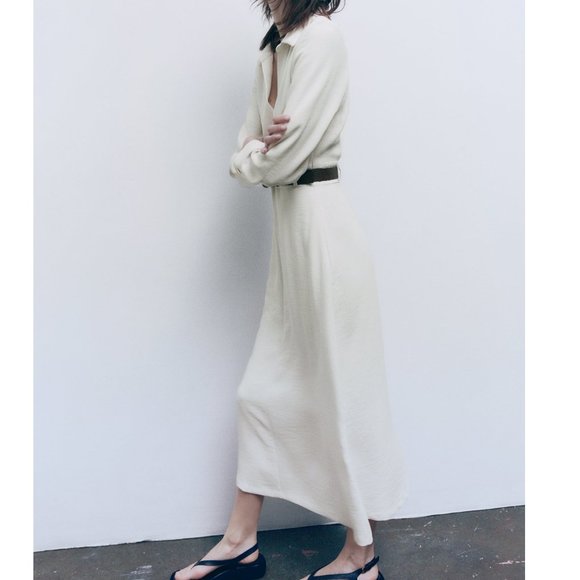Zara Women's Ecru Belted Waist Midi Dress Size XS - Picture 3 of 13